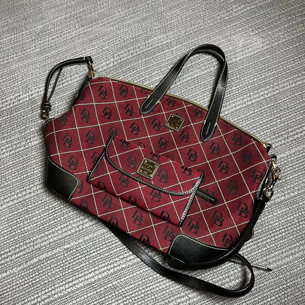 Dooney & Bourke Signature Monogram Satchel & Wallet Set Burgundy Black Crossbody